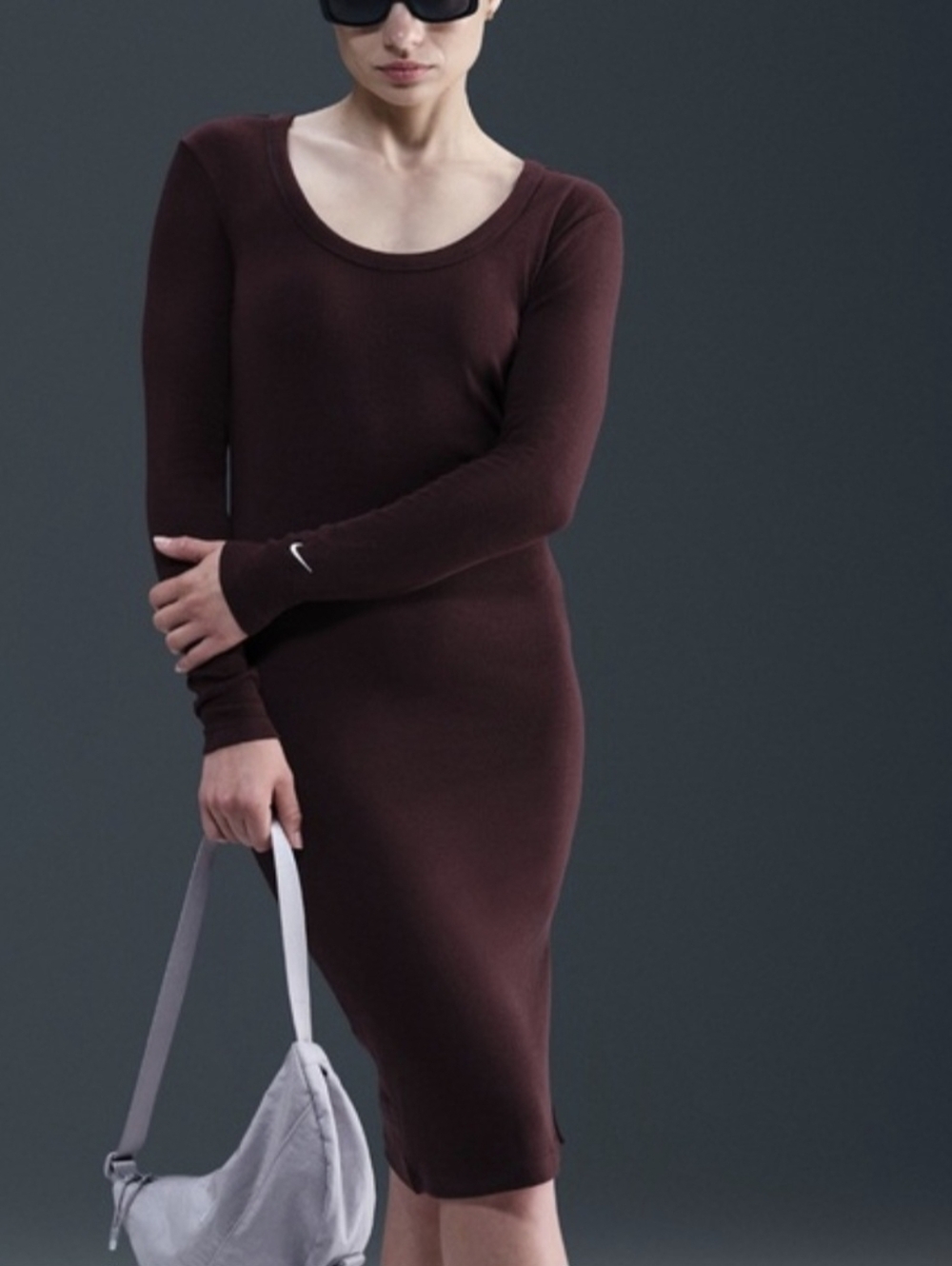 Nike Sportswear Chill Knit Ribbed Long Sleeve Midi Dress NWT Med Burgundy Crush